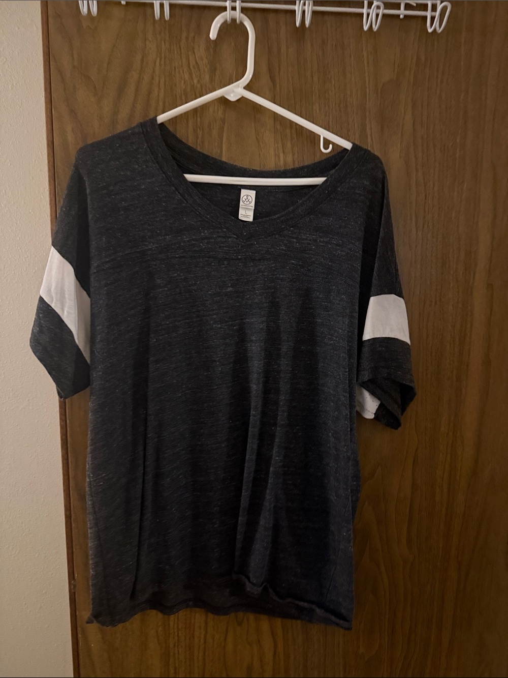 Casual heather grey V-Neck Tee with White Sleeve Stripe